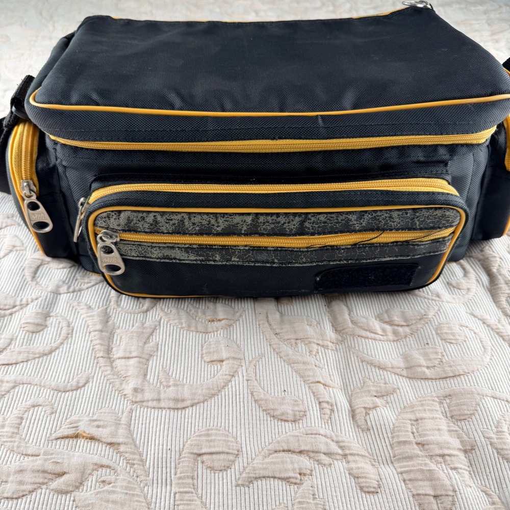 MIA Camera Shoulder Bag‎ Black Yellow Canvas Padded Dividers Multi Pocket Bag